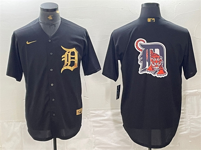Men's Detroit Tigers Black Team Big Logo Cool Base Stitched Baseball Jersey Men's Detroit Tigers Black Team Big Logo Cool Base Stitched Baseball Jersey